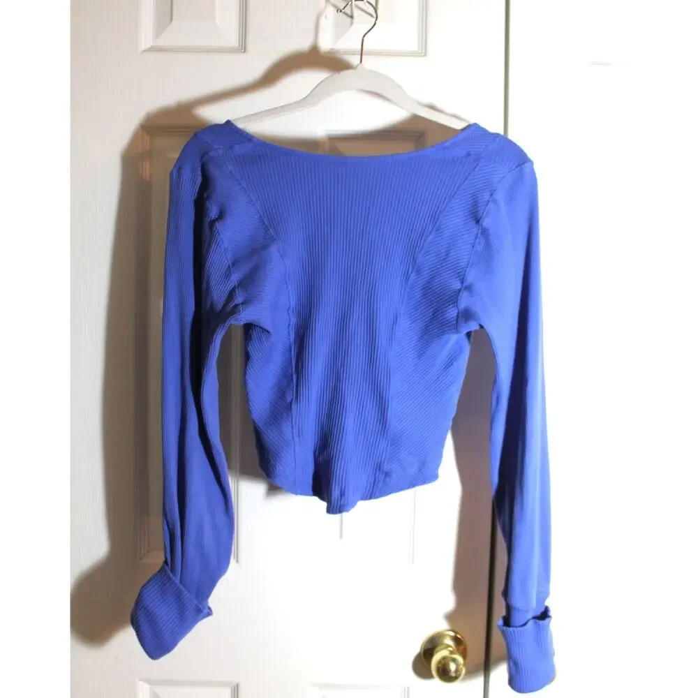 Free People Petra Blue Rib Knit Y2K Bustier Style Top  sz L